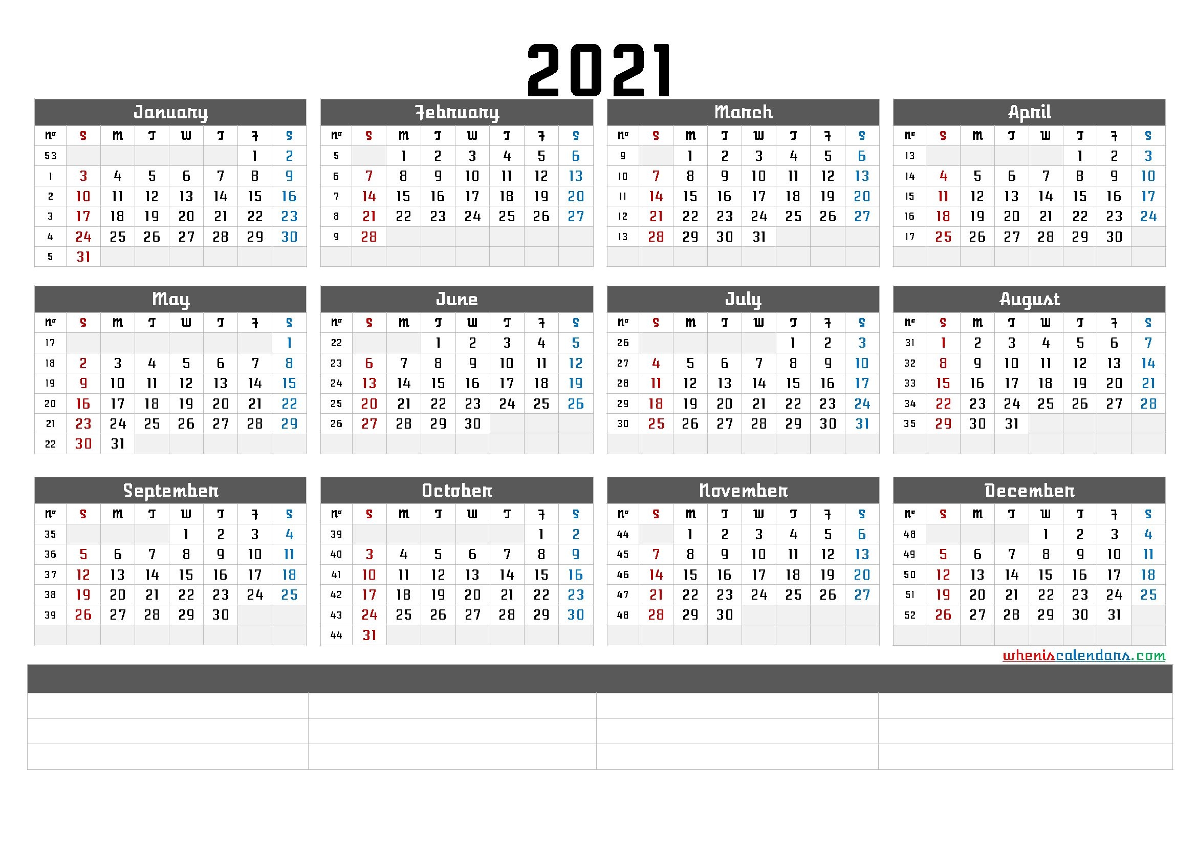 free printable 2021 yearly calendar with week numbers