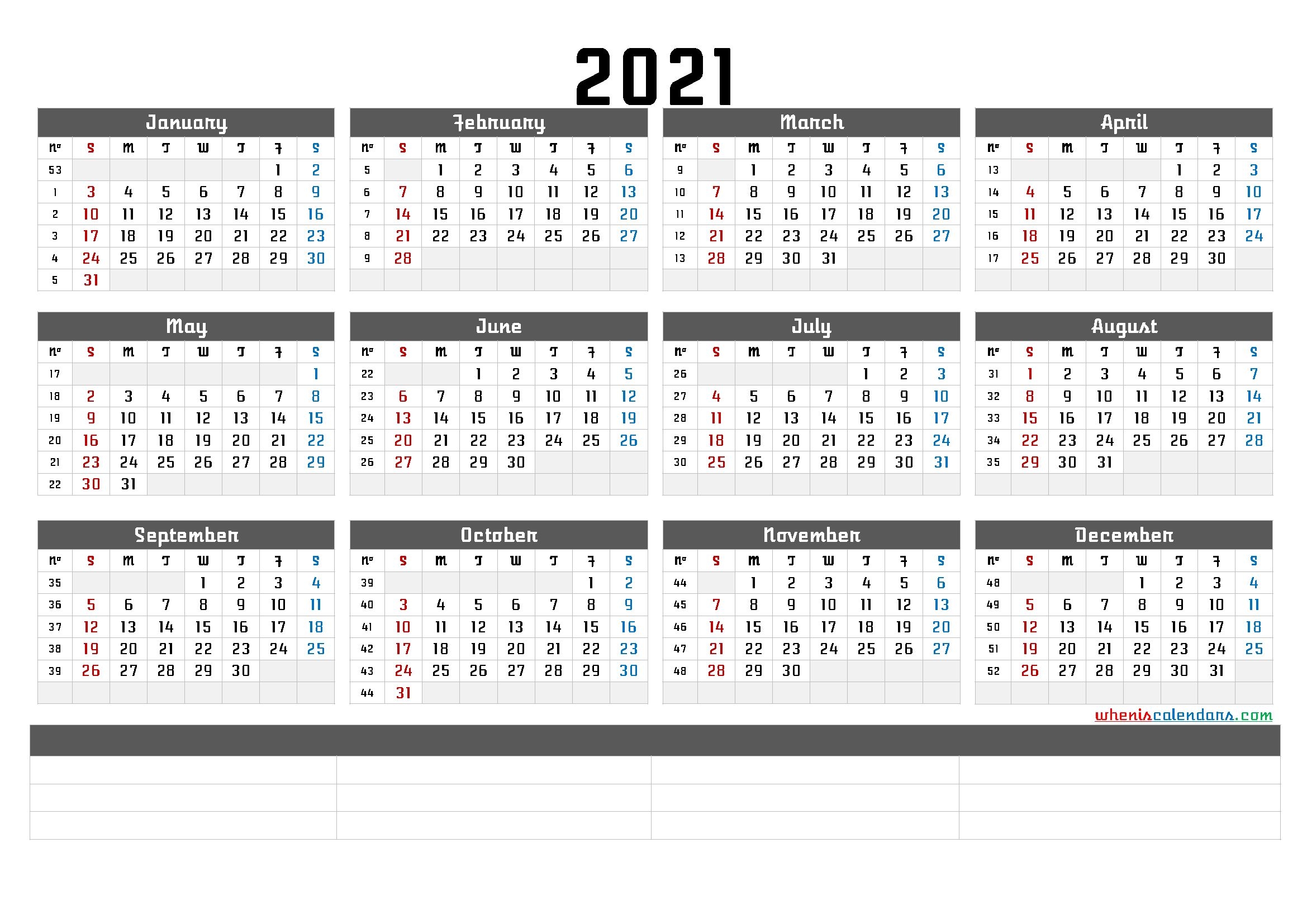 Free Printable 2021 Yearly Calendar With Week Numbers