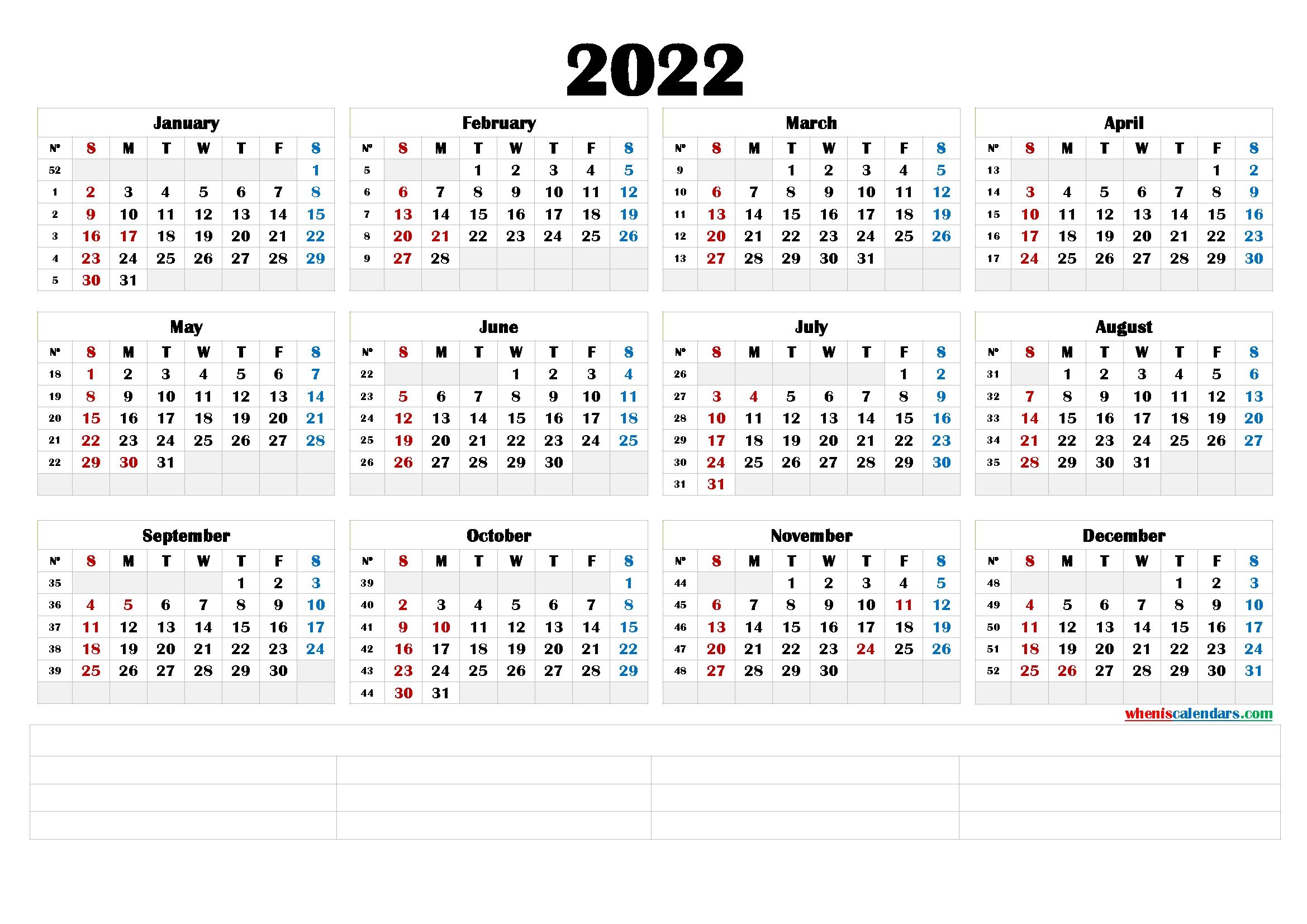 free printable 2022 yearly calendar (6 templates)