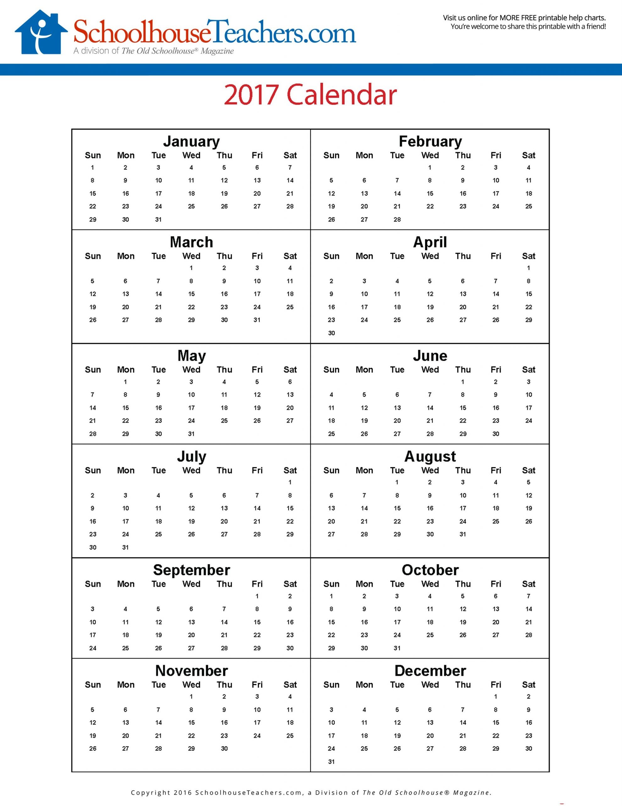 free printable calendars 2016/2017 schoolhouse teachers