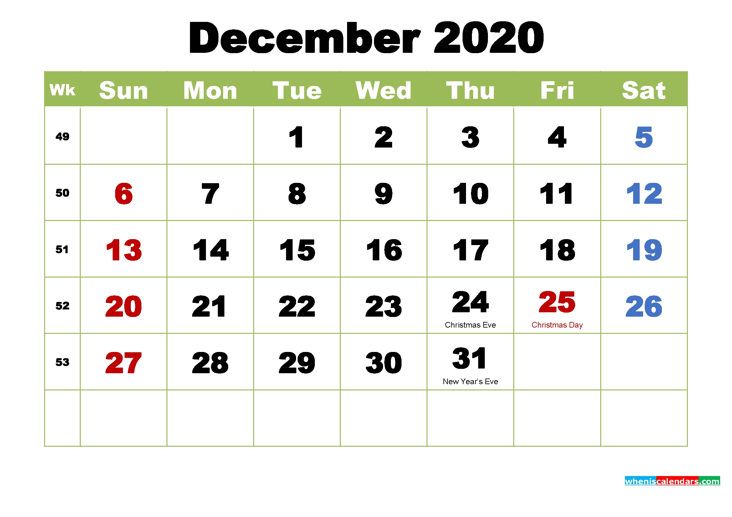 free printable december 2020 calendar with holidays free