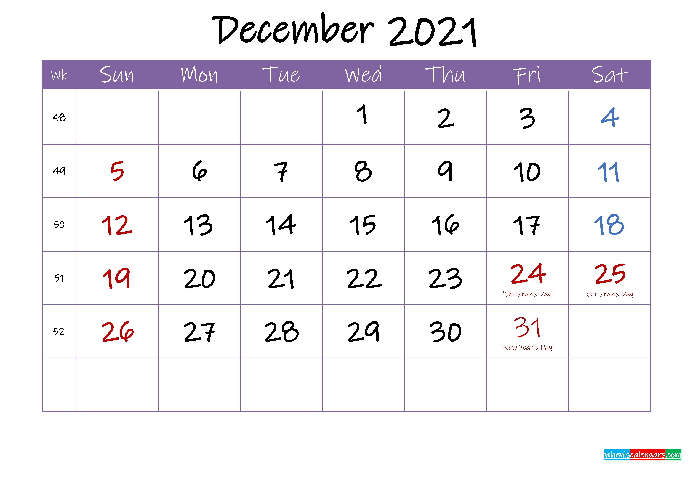 Free Printable December 2021 Calendar With Holidays
