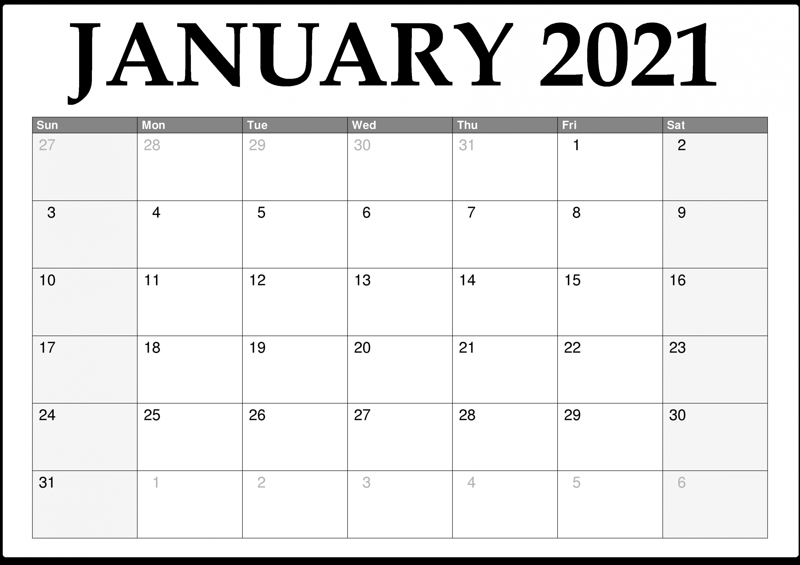 free printable january 2021 calendar with holidays free