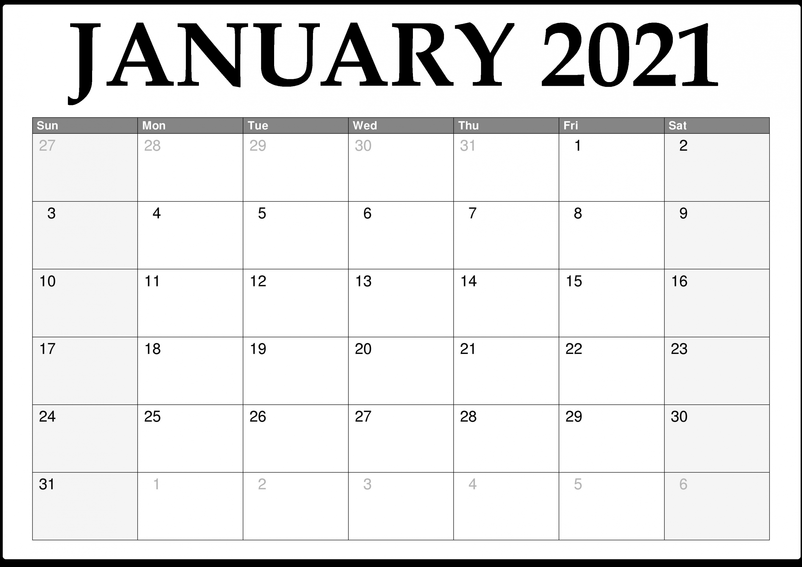 Free Printable January 2021 Calendar With Holidays Free