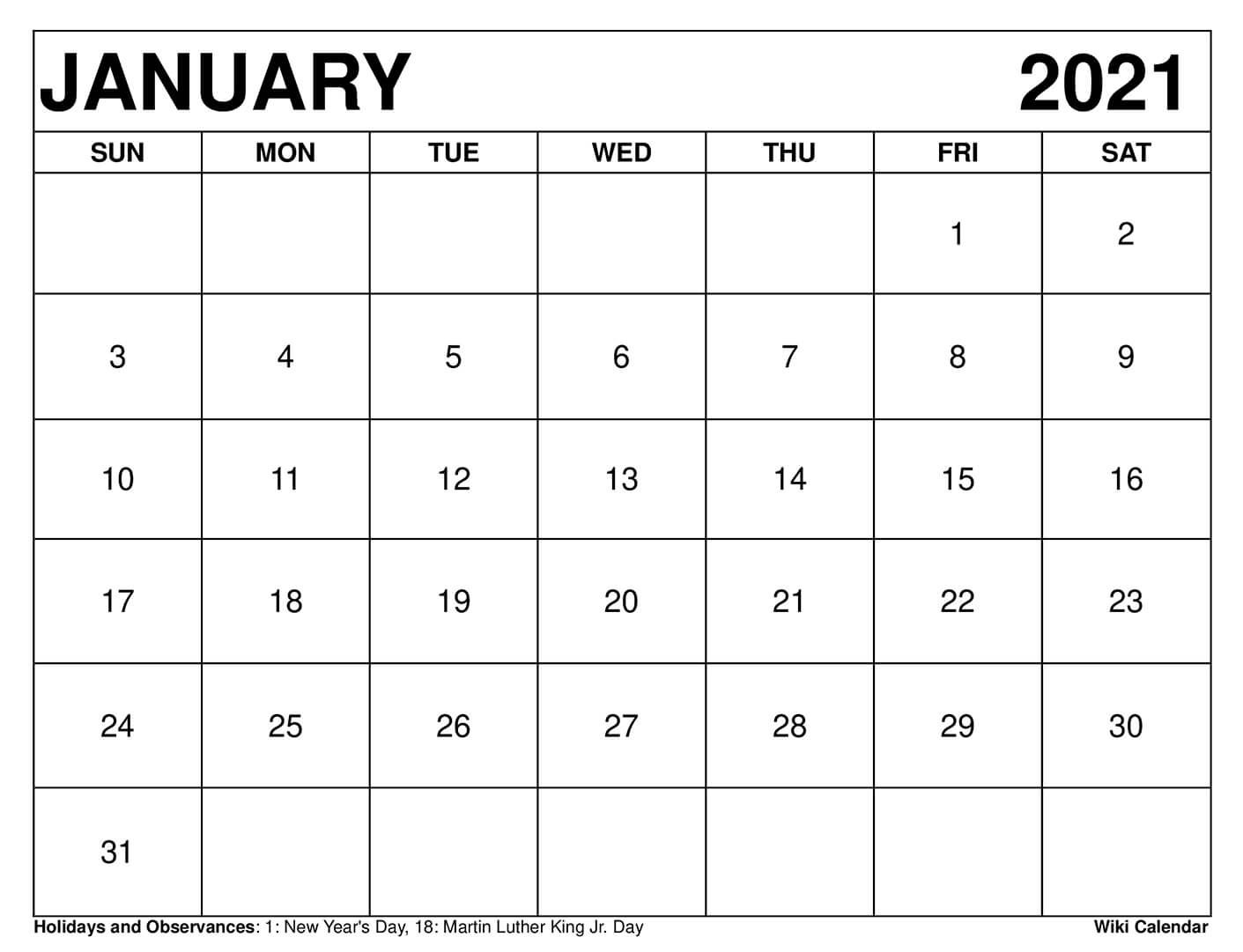 Free Printable January 2021 Calendars