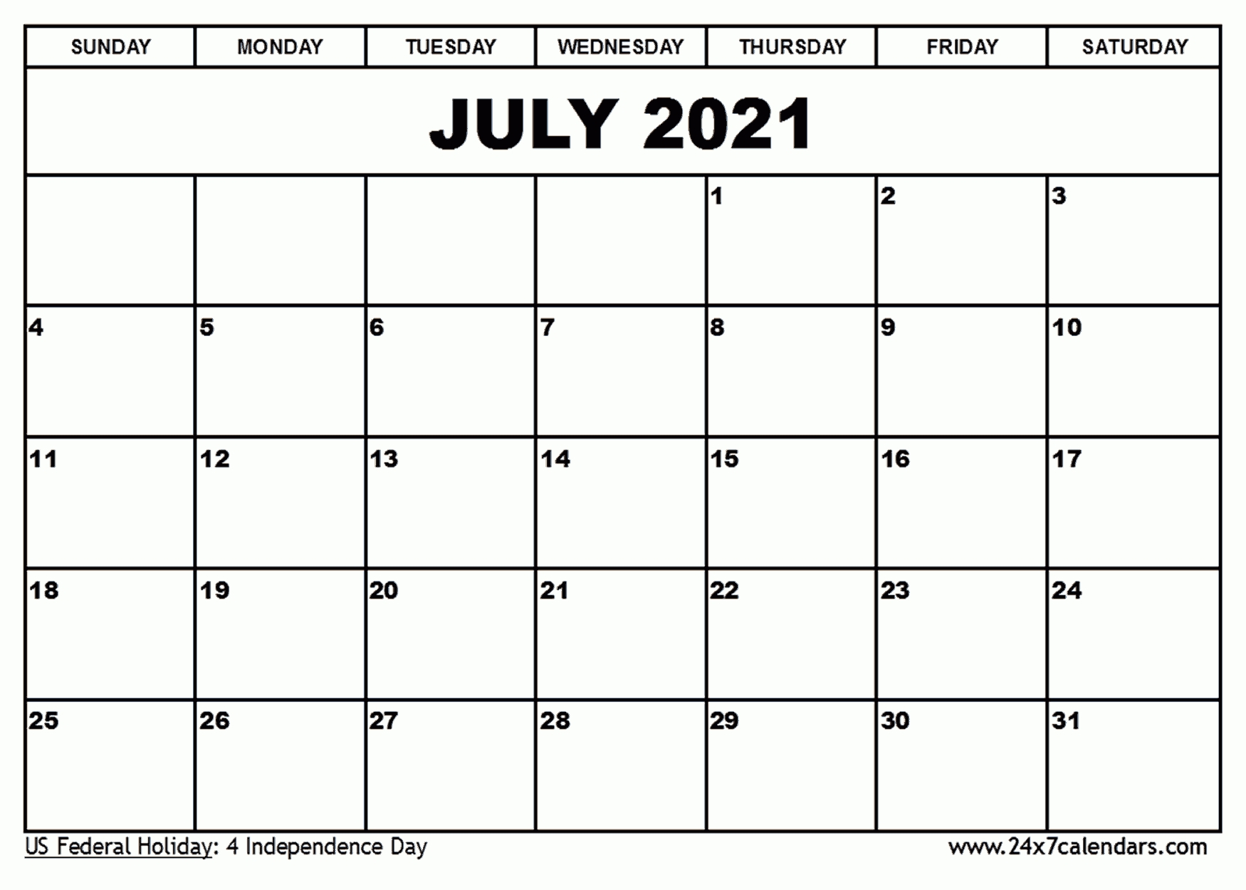 Free Printable July 2021 Calendar : 24x7calendars
