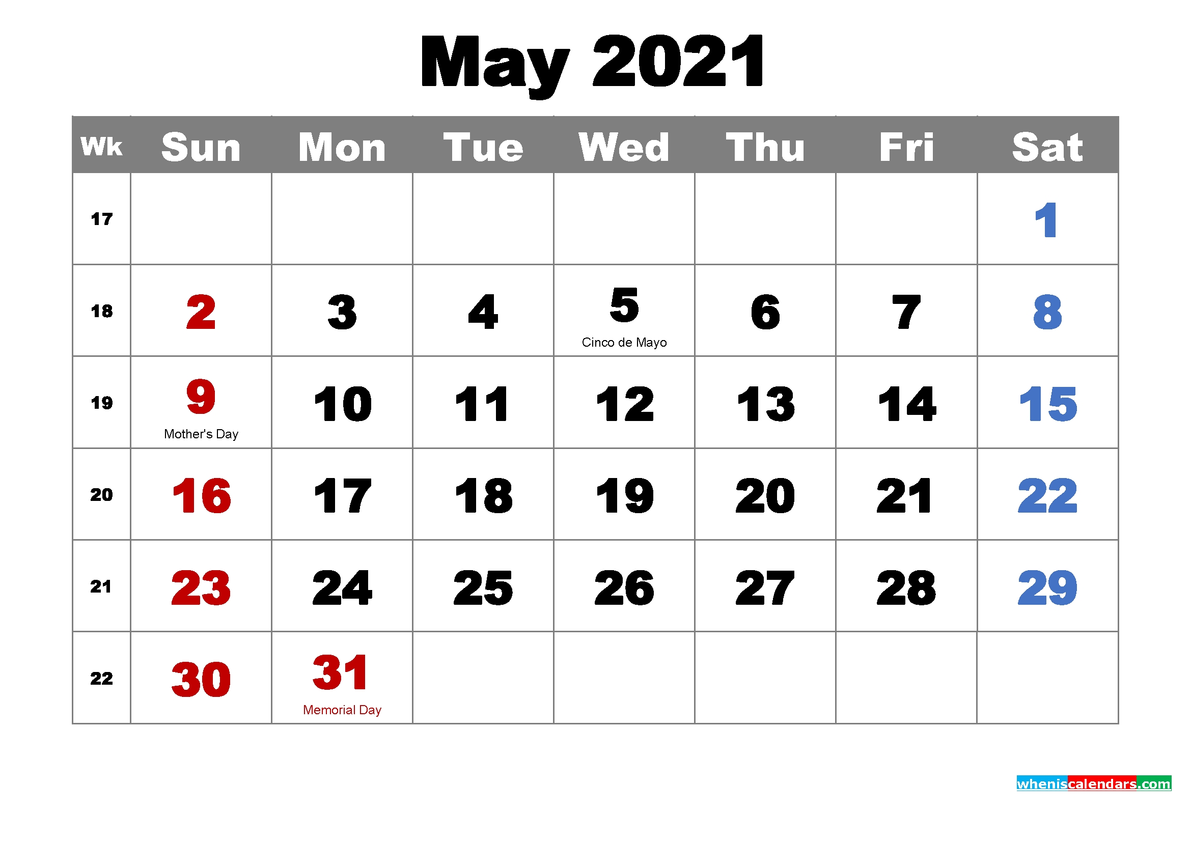 free printable may 2021 calendar with holidays as word, pdf