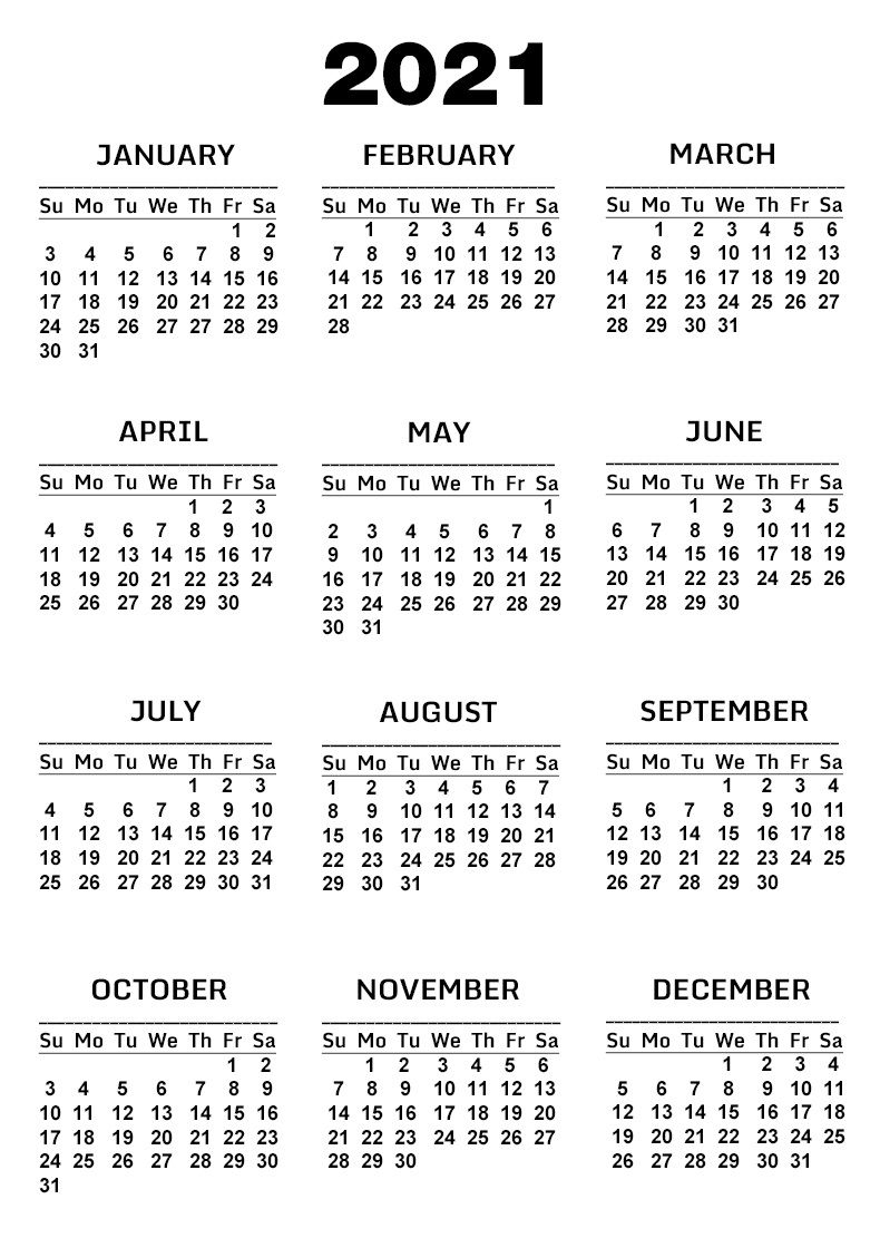 Free Printable One Page Calendar 2021 Template [pdf