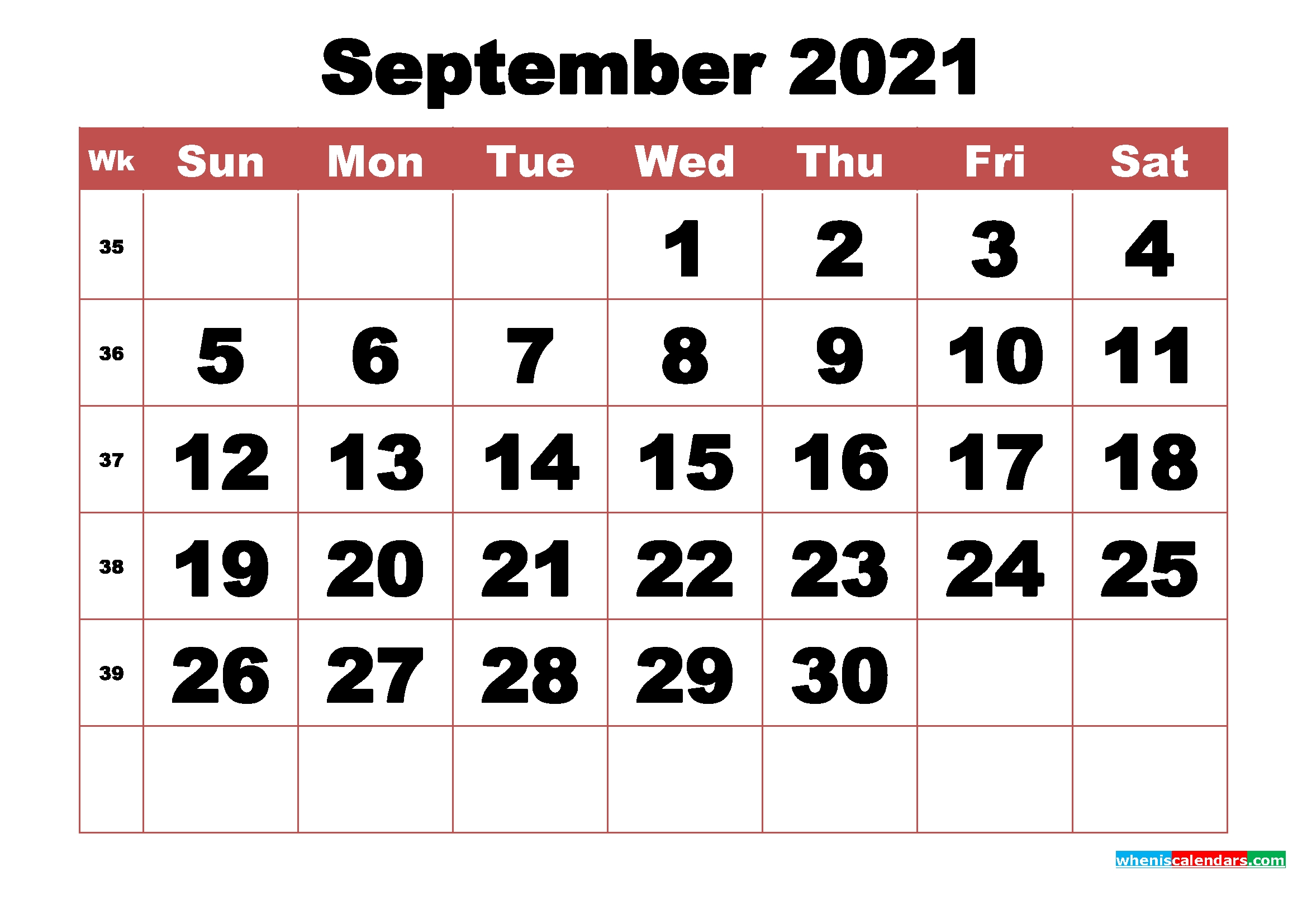 Free Printable September 2021 Calendar With Week Numbers