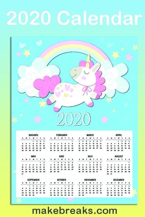 free printable unicorn one page 2020 calendar 2 make breaks