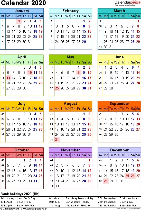 free printable year at a glance calendar 2020 | free