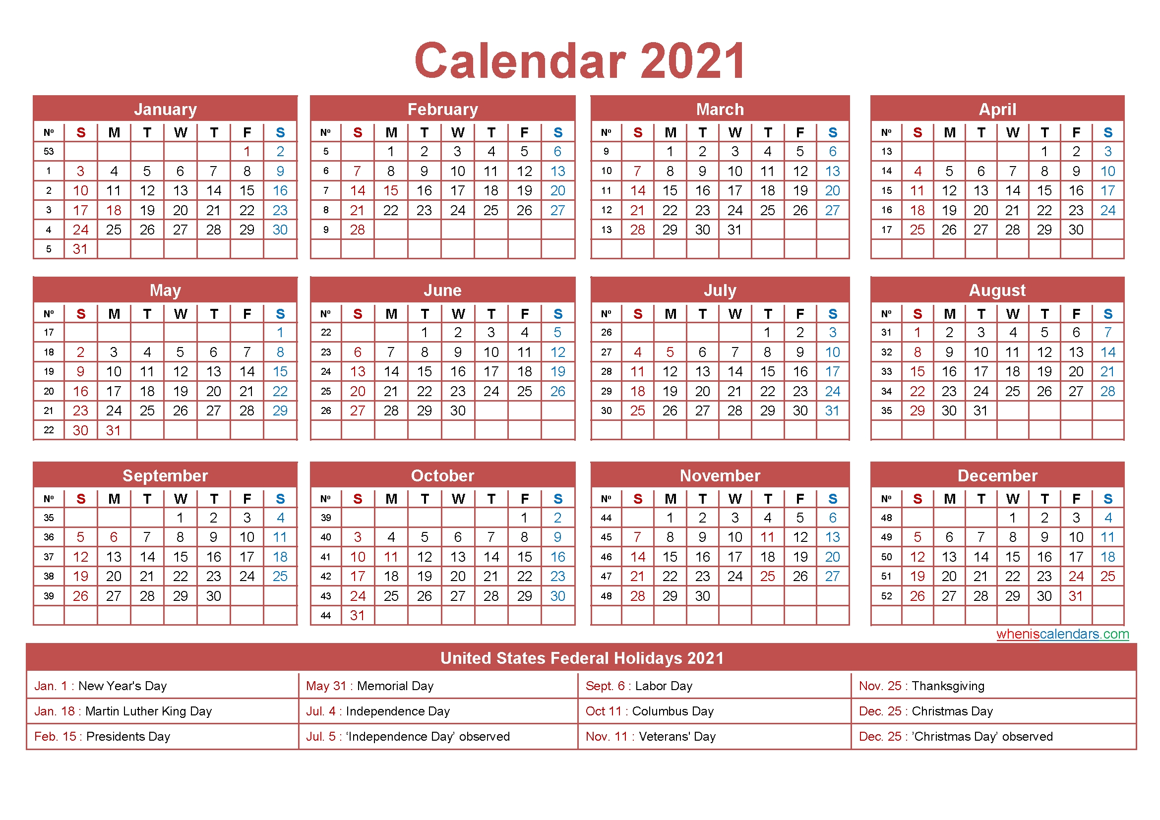 Free Printable Yearly 2021 Calendar With Holidays As Word