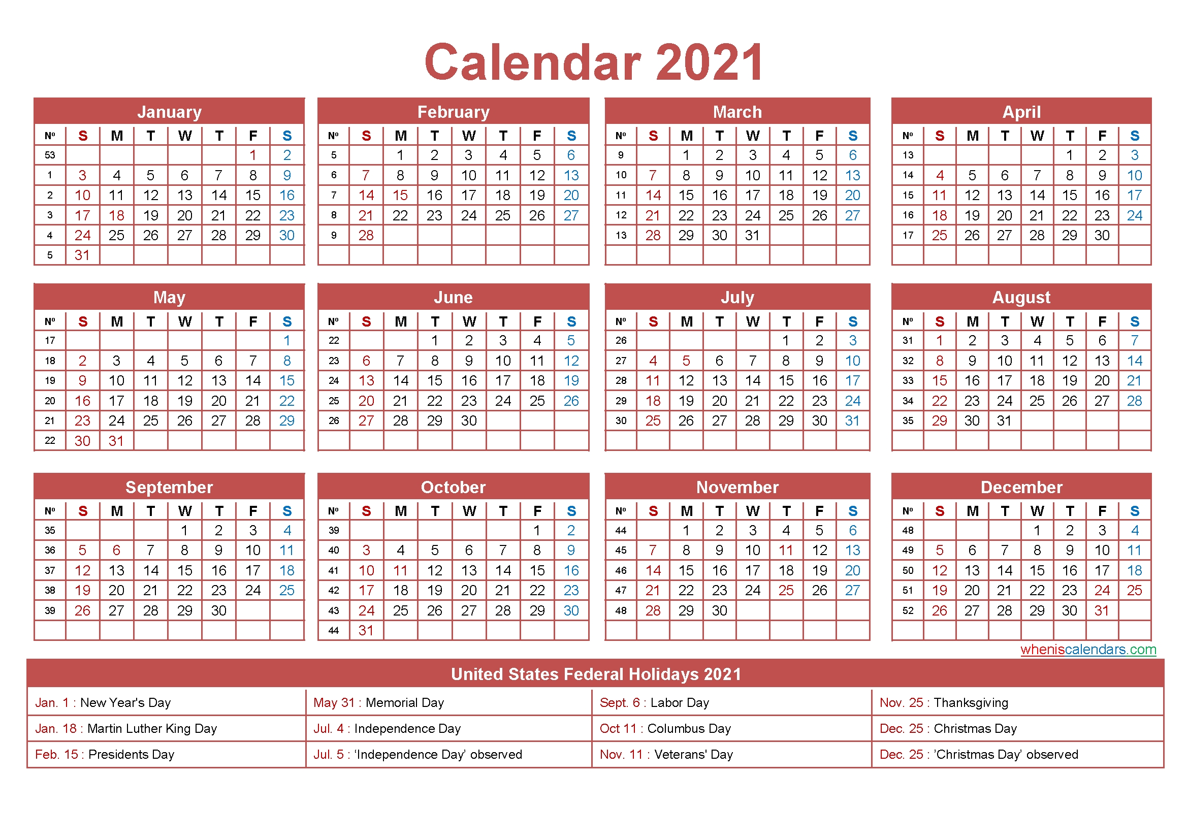 free printable yearly 2021 calendar with holidays as word