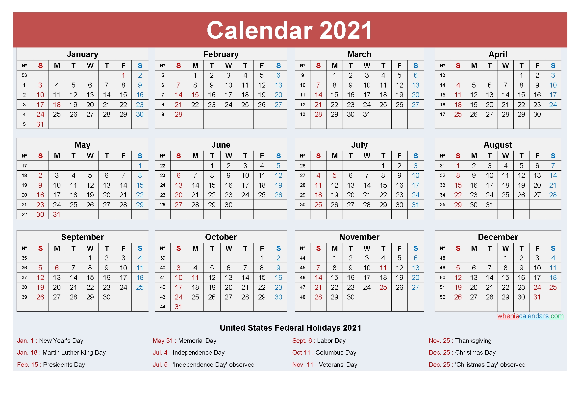 Free Yearly 2021 Calendar With Holidays Word, Pdf | Free