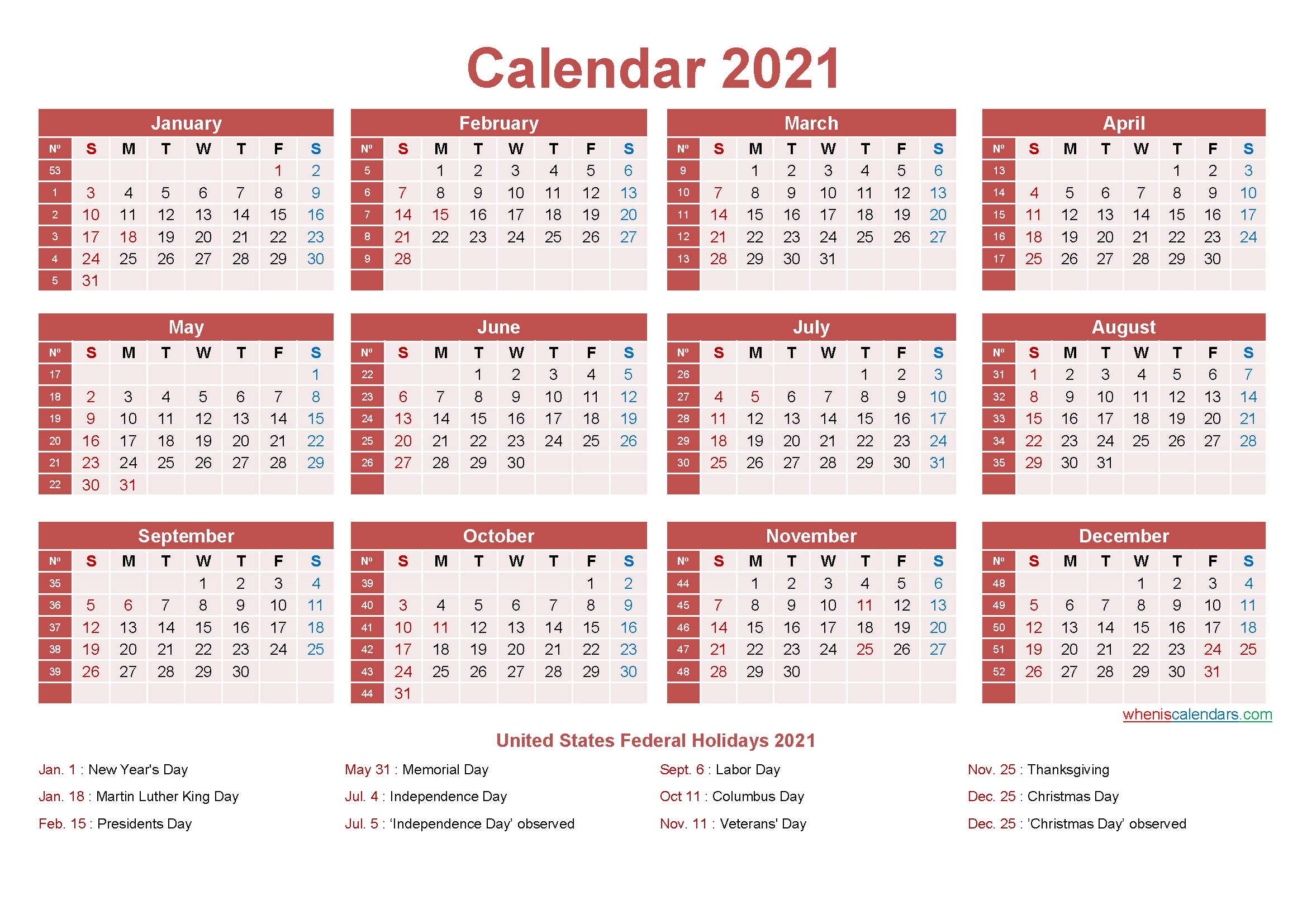 free yearly 2021 calendar with holidays word, pdf free