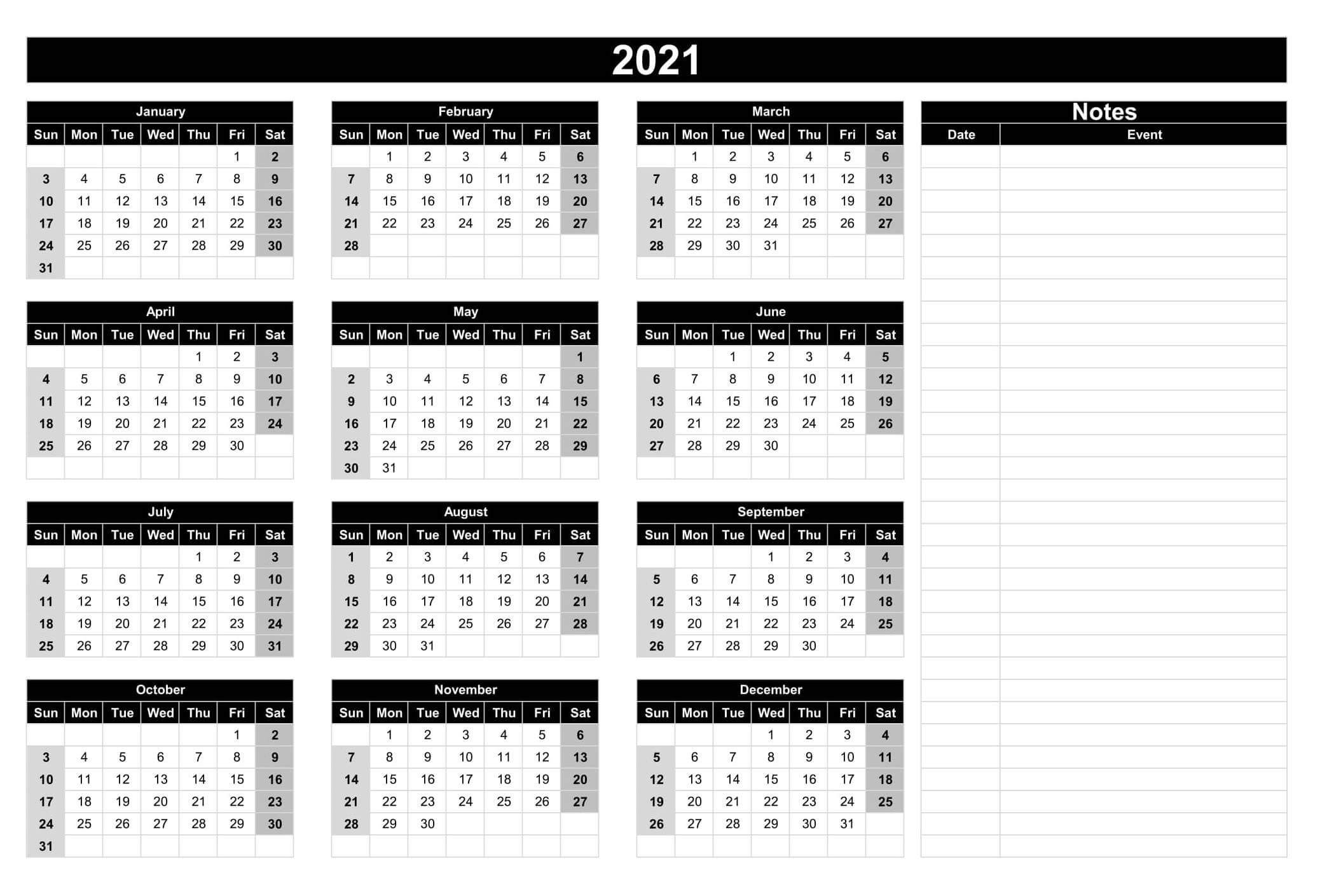 full year printable calendar 2021 with notes | free