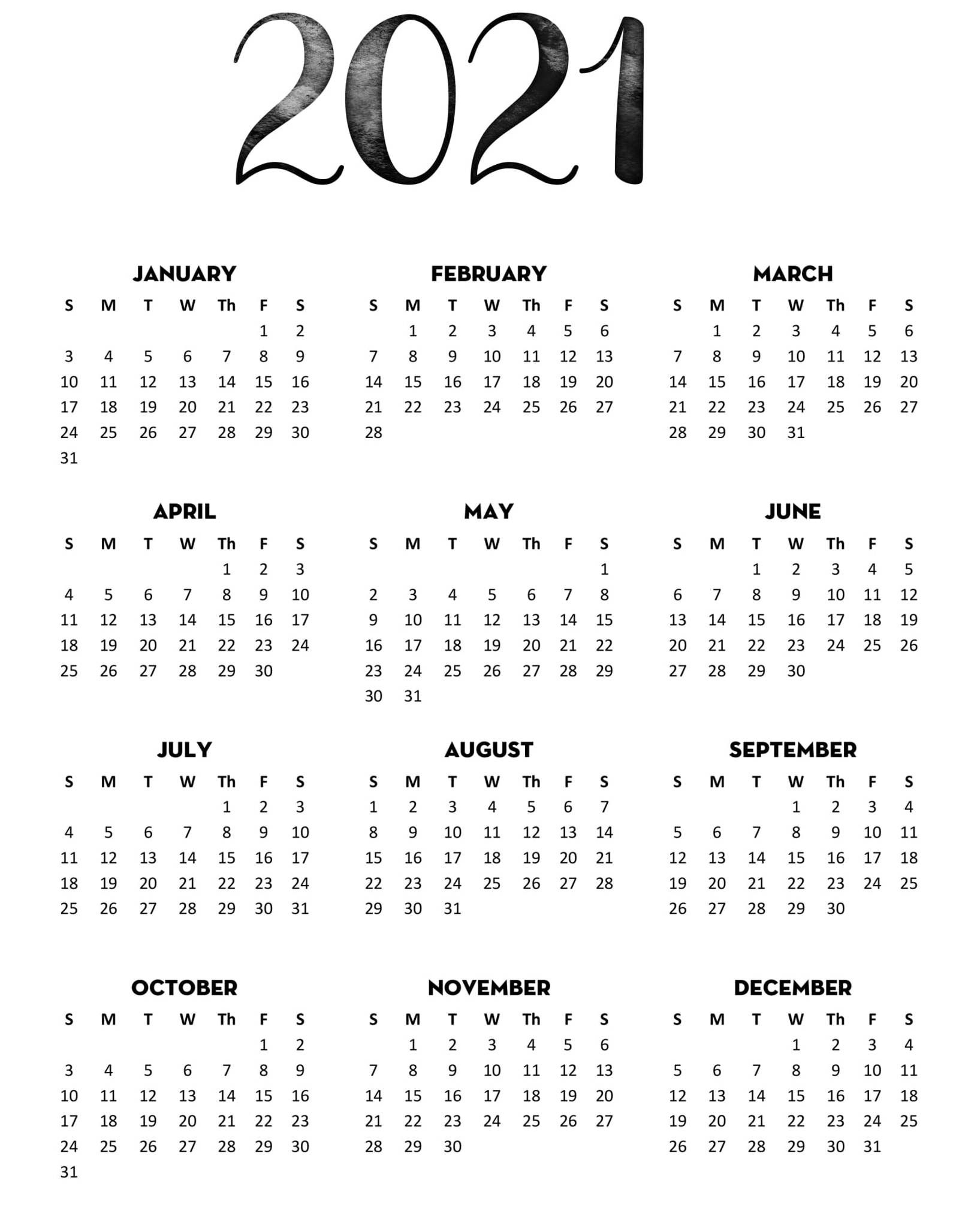 Printable Yearly Calendar 2021 Free - Example Calendar Printable