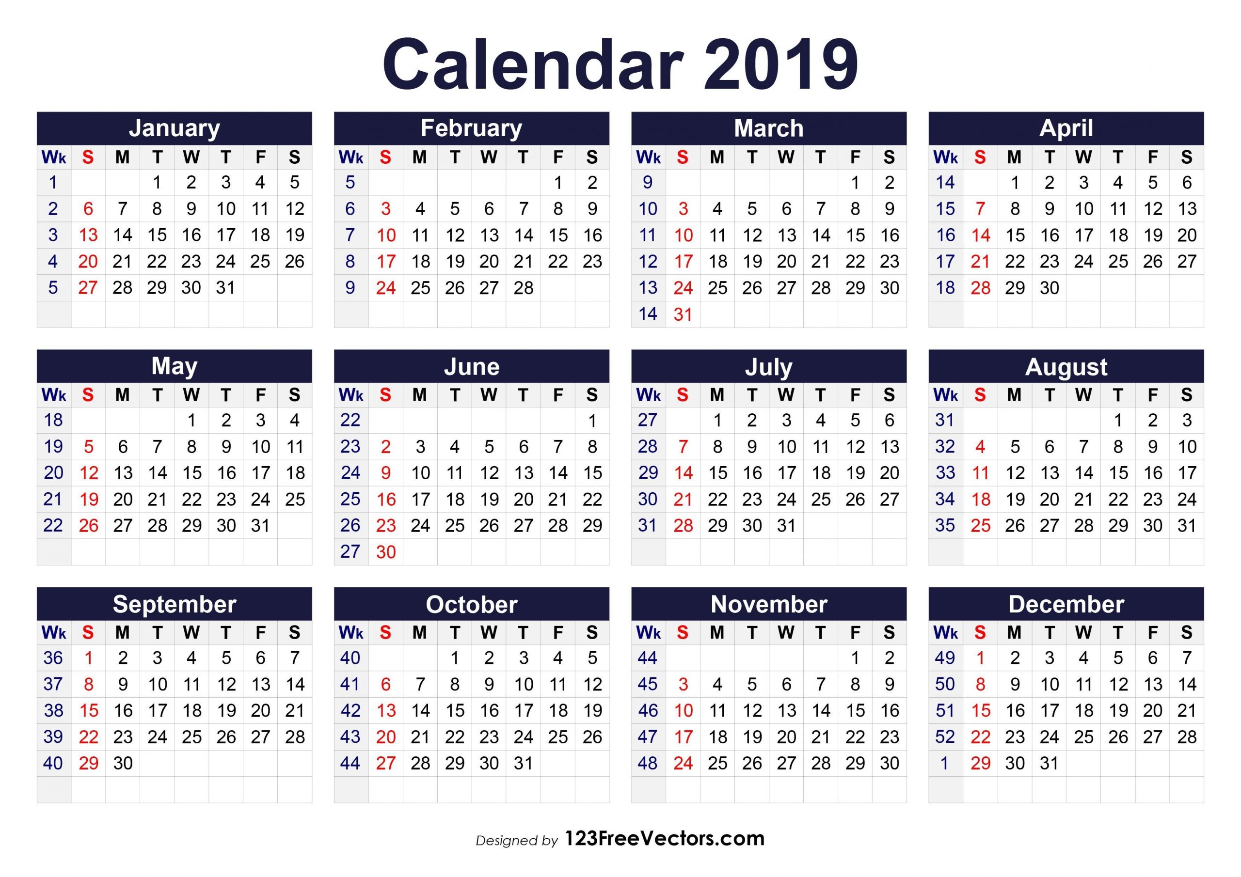 image result for 2019 calendar weeks numbered (avec images