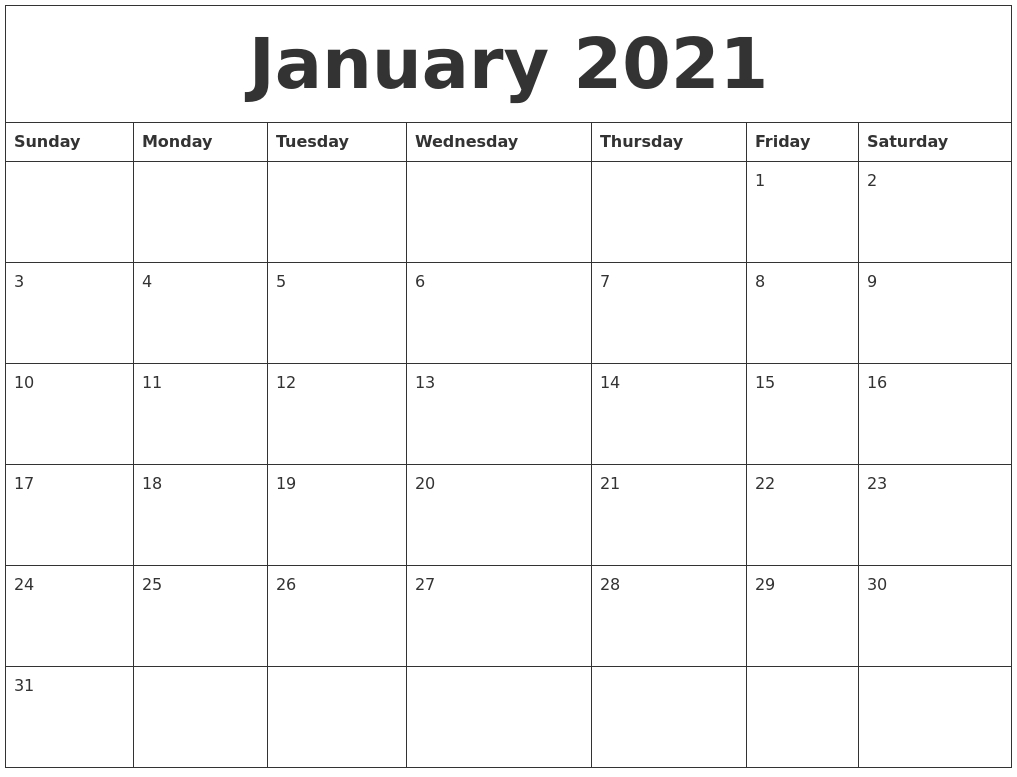 january 2021 blank monthly calendar template