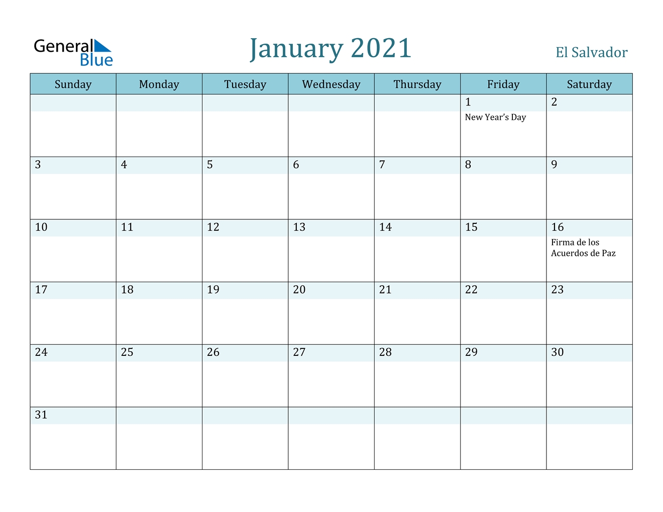 January 2021 Calendar El Salvador