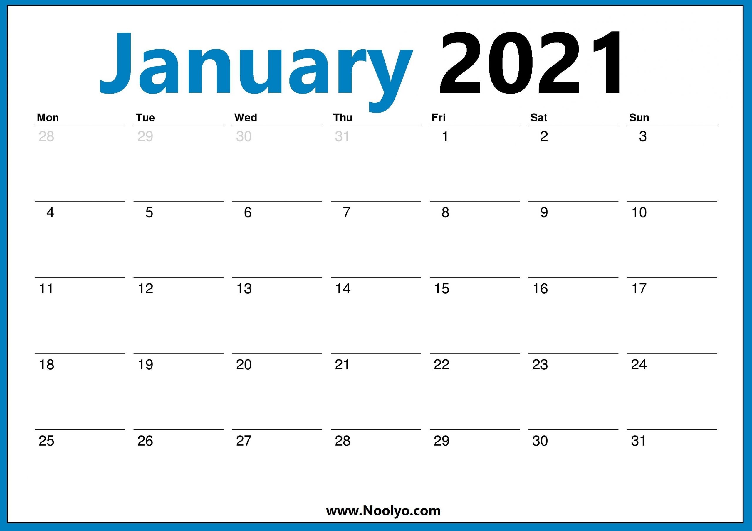 January 2021 Calendar Monday Start Noolyo