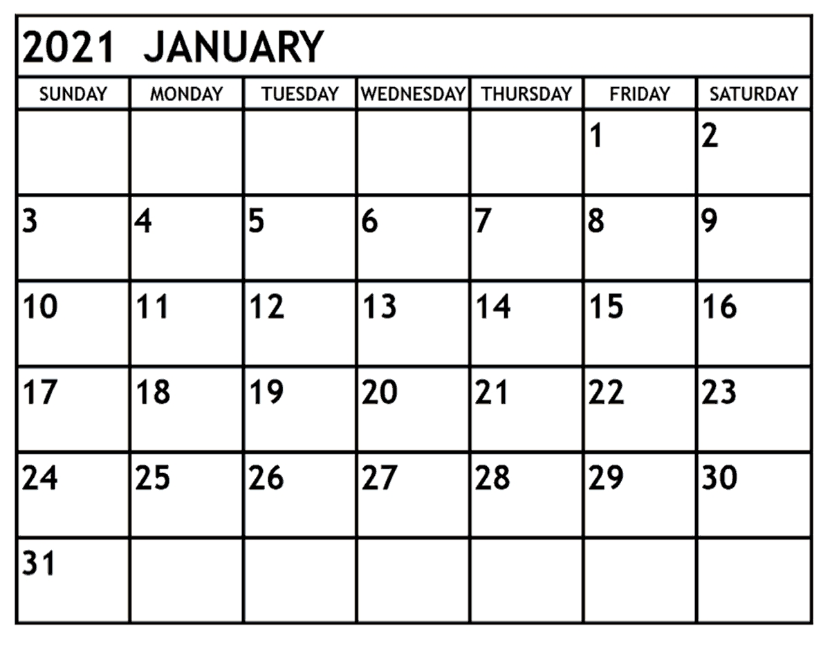 January 2021 Calendar Printable Free Monthly Free