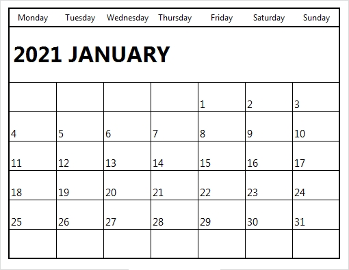 January 2021 Monday Through Sunday Calendar Example Calendar Printable