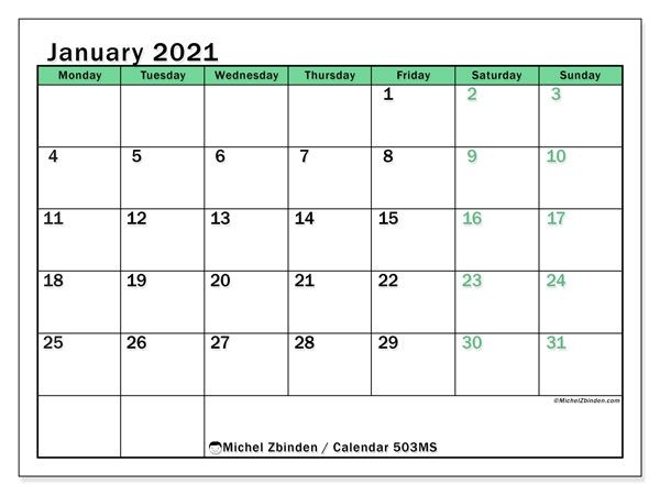 January 2021 Calendars "monday Sunday" Michel Zbinden En