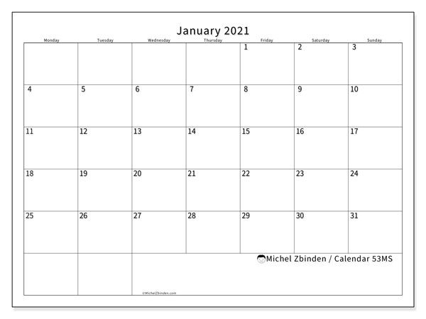 January 2021 Monday Through Sunday Calendar - Example Calendar Printable