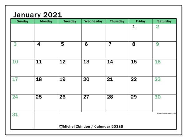 January 2021 Calendars "sunday Saturday" Michel Zbinden En