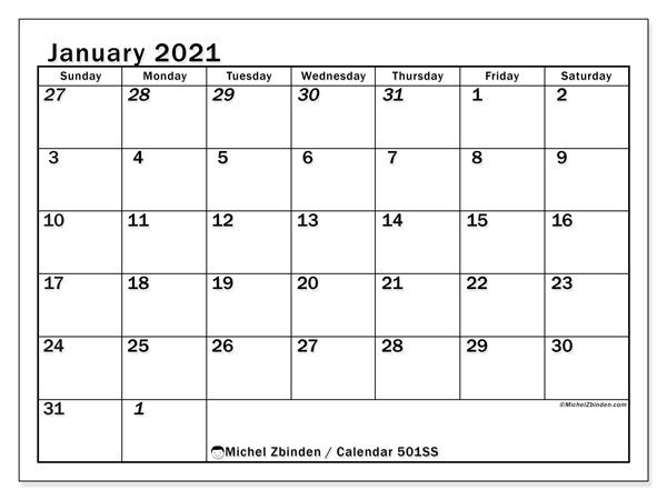 January 2021 Calendars "sunday Saturday" Michel Zbinden En