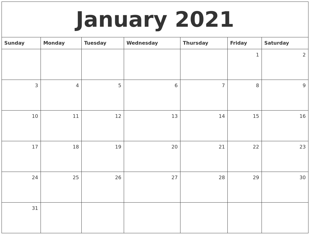 january 2021 monthly calendar