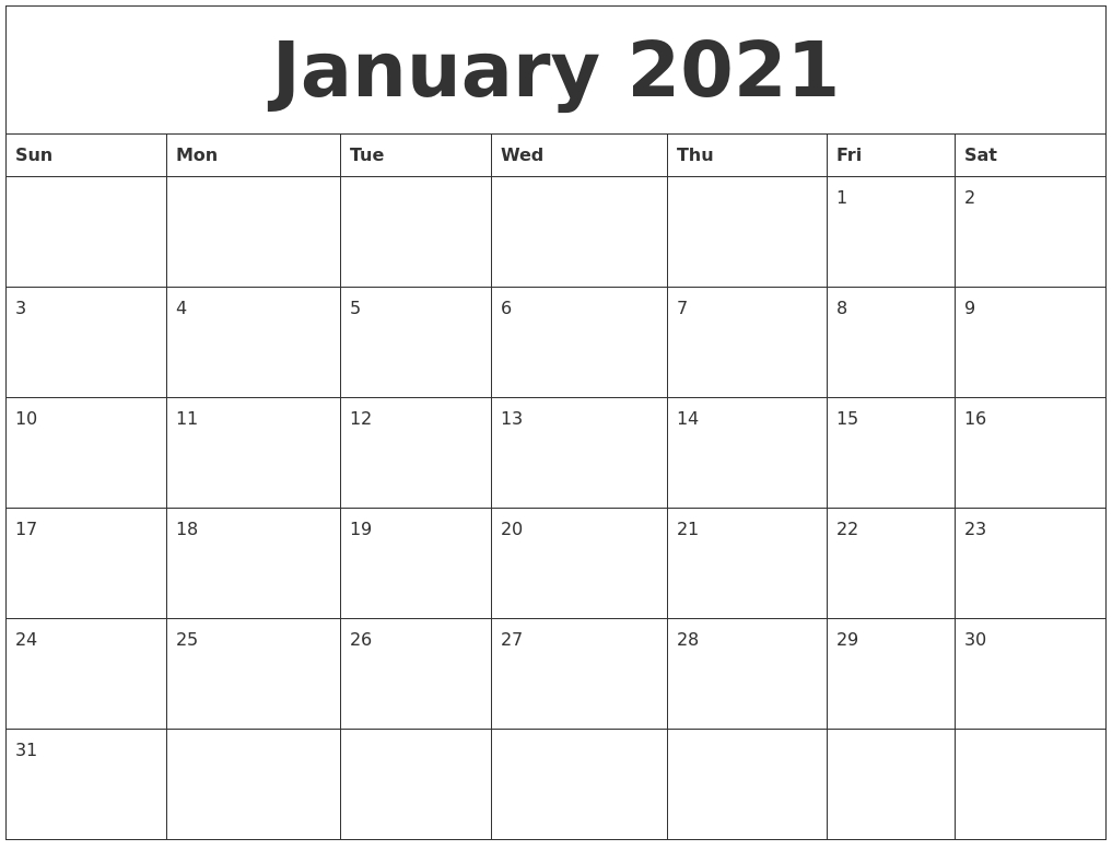 january 2021 printable calendar template
