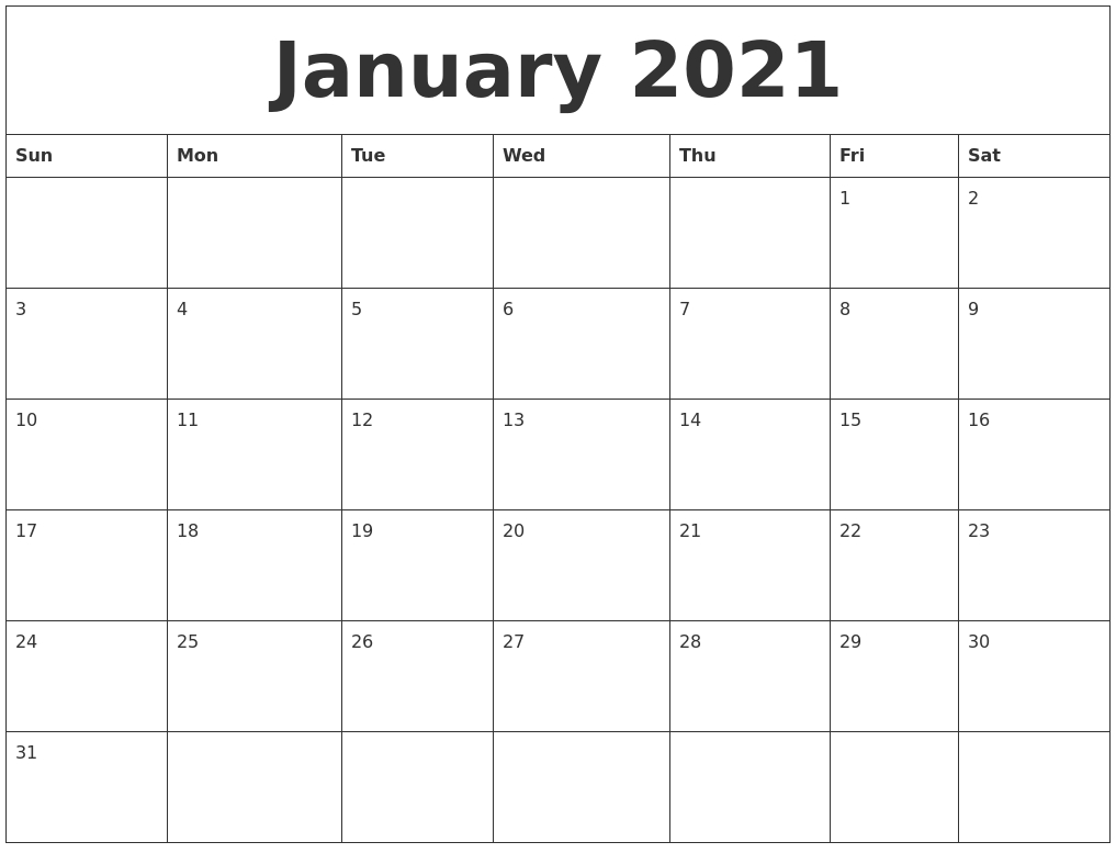 January 2021 Printable Calendar Template