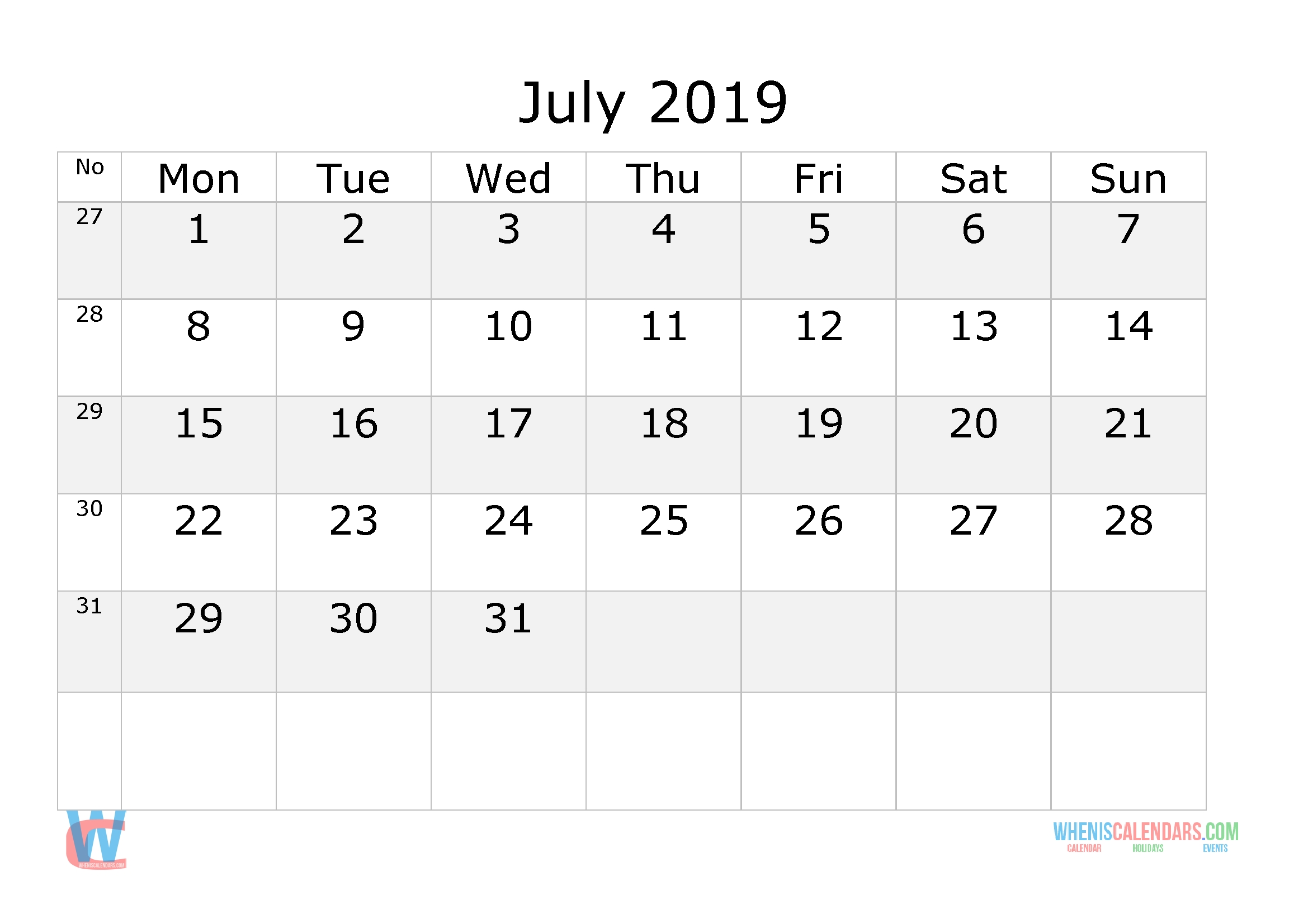 july 2019 calendar with week numbers printable, start