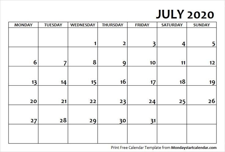 July 2020 Calendar Monday Start | July Month Template