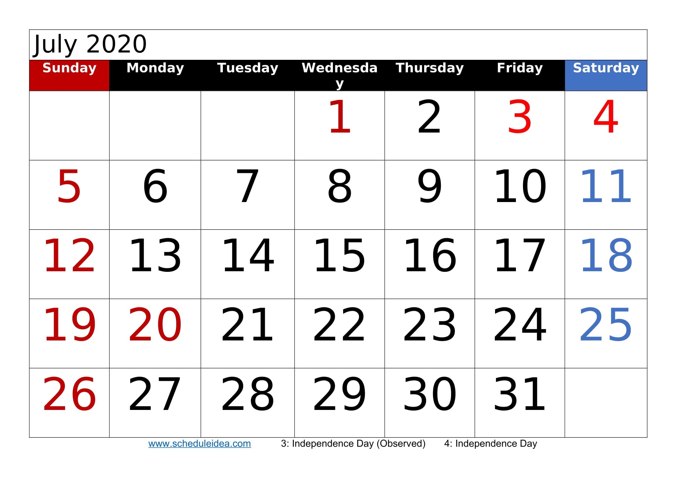 july 2020 printable calendar templates (pdf, word, excel)