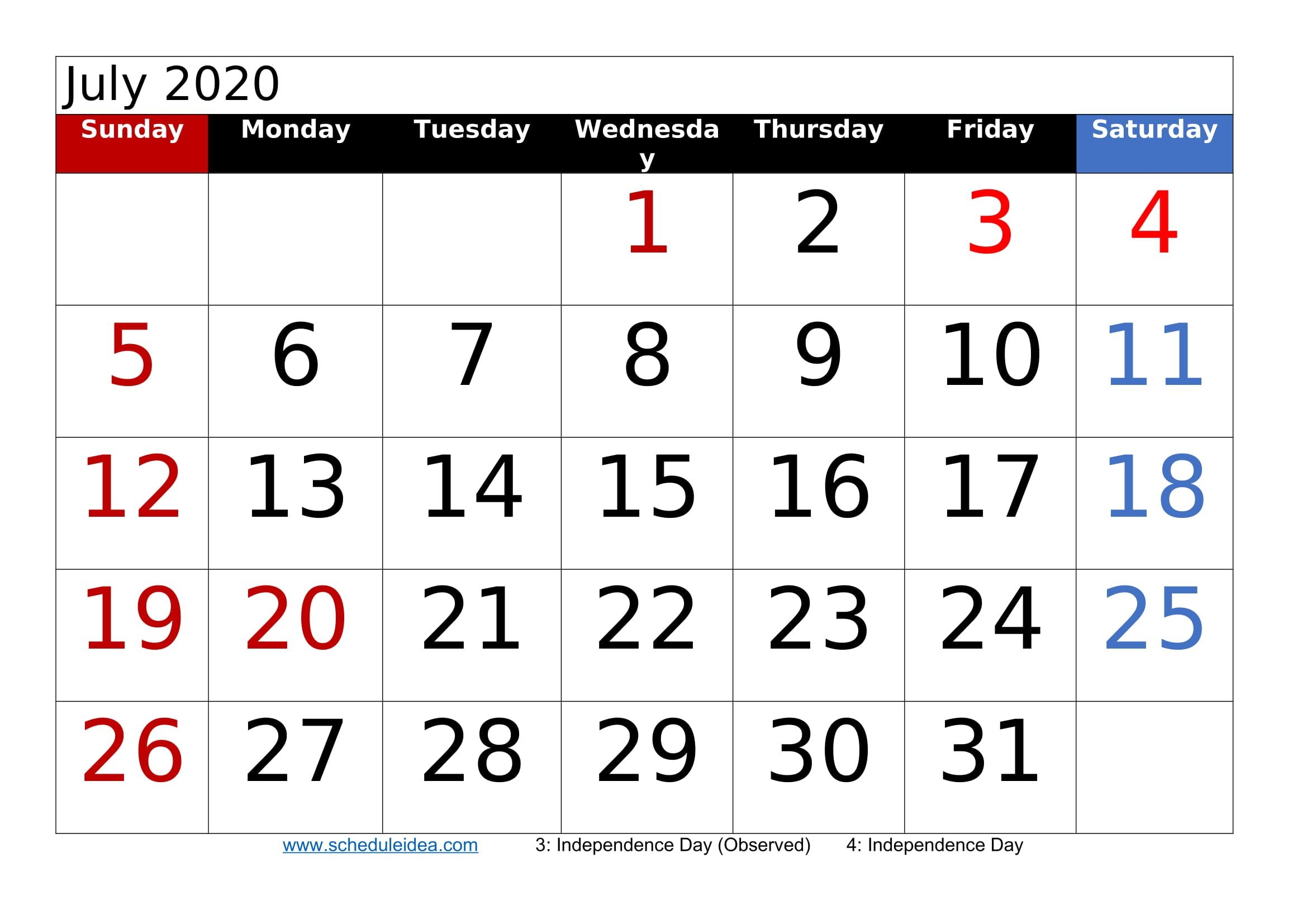 July 2020 Printable Calendar Templates (pdf, Word, Excel)