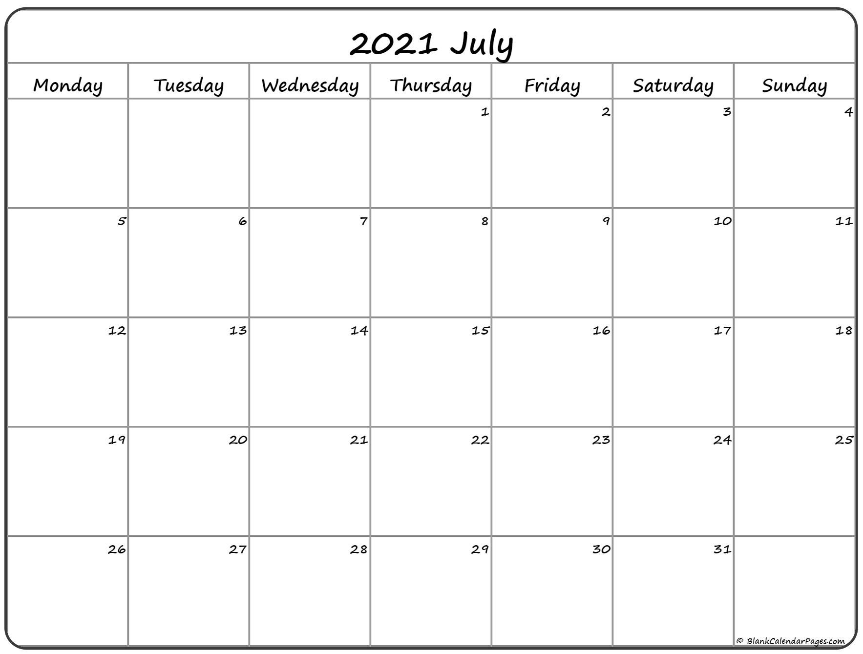 July 2021 Monday Calendar | Monday To Sunday