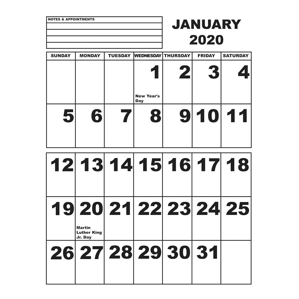 Jumbo Print Calendar 2020 | Low Vision Awareness Month