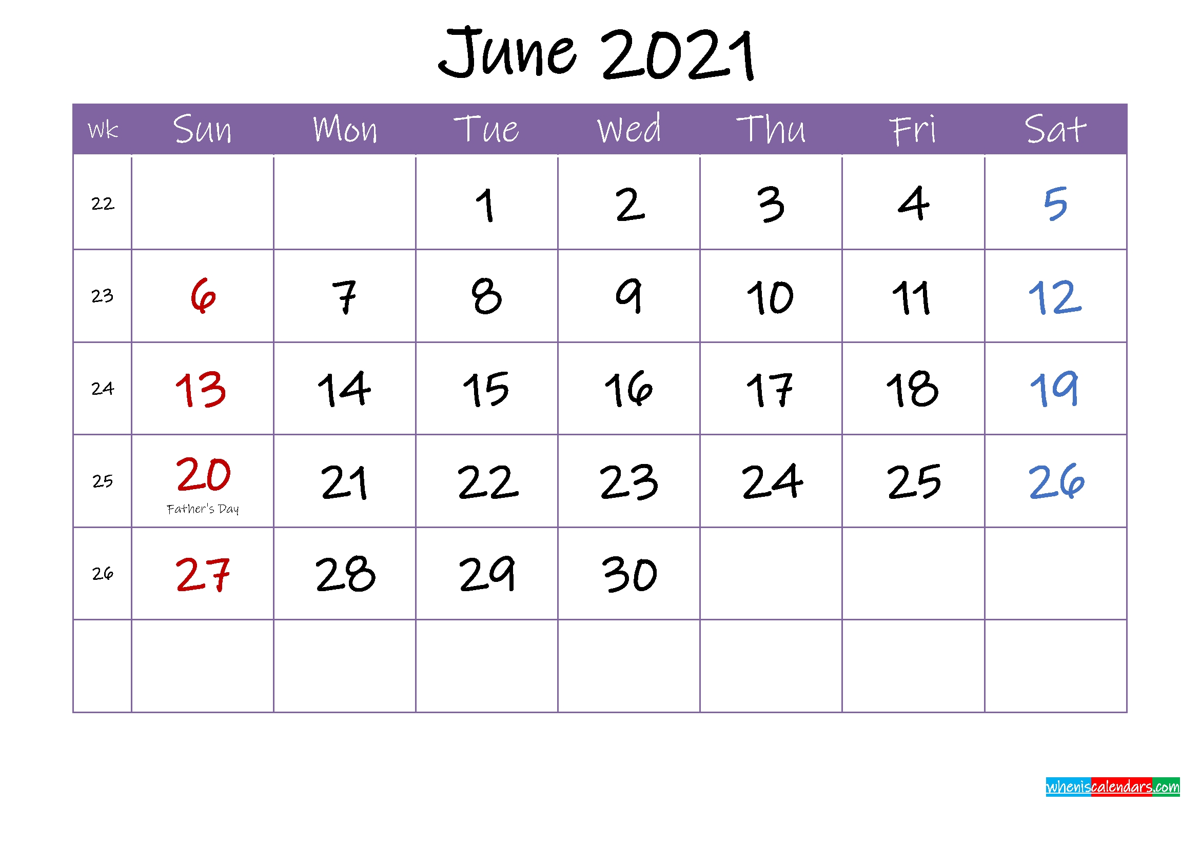 June 2021 Calendar With Holidays Printable Template Ink21m54