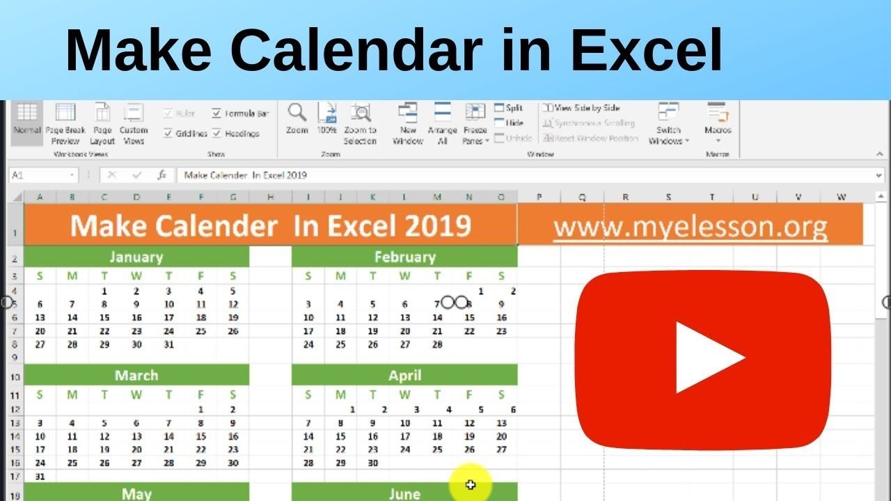 Make Calendar In Excel 2019 Youtube