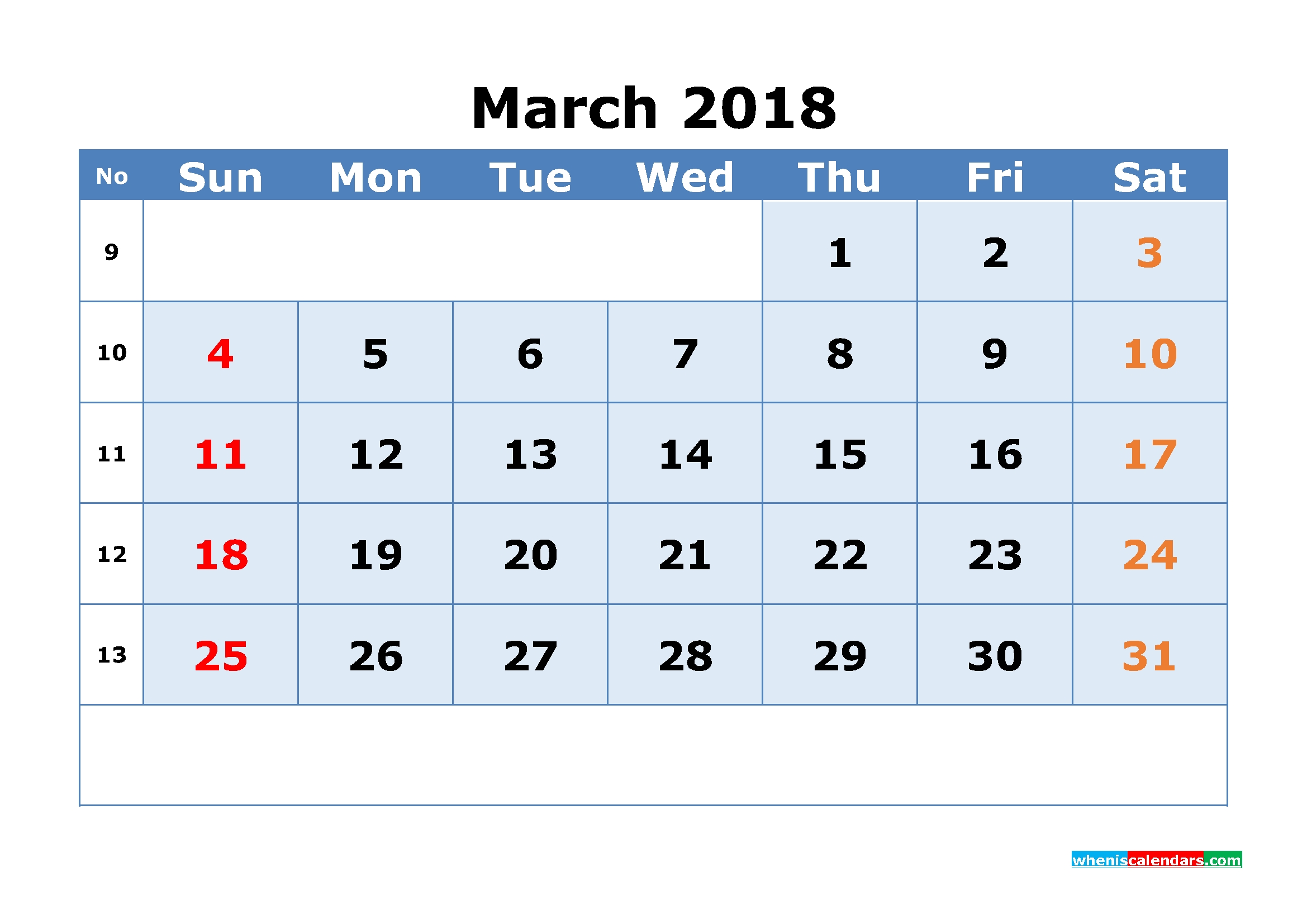 march 2018 calendar with week numbers printable 1 month