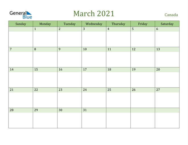 March 2021 Calendar Canada