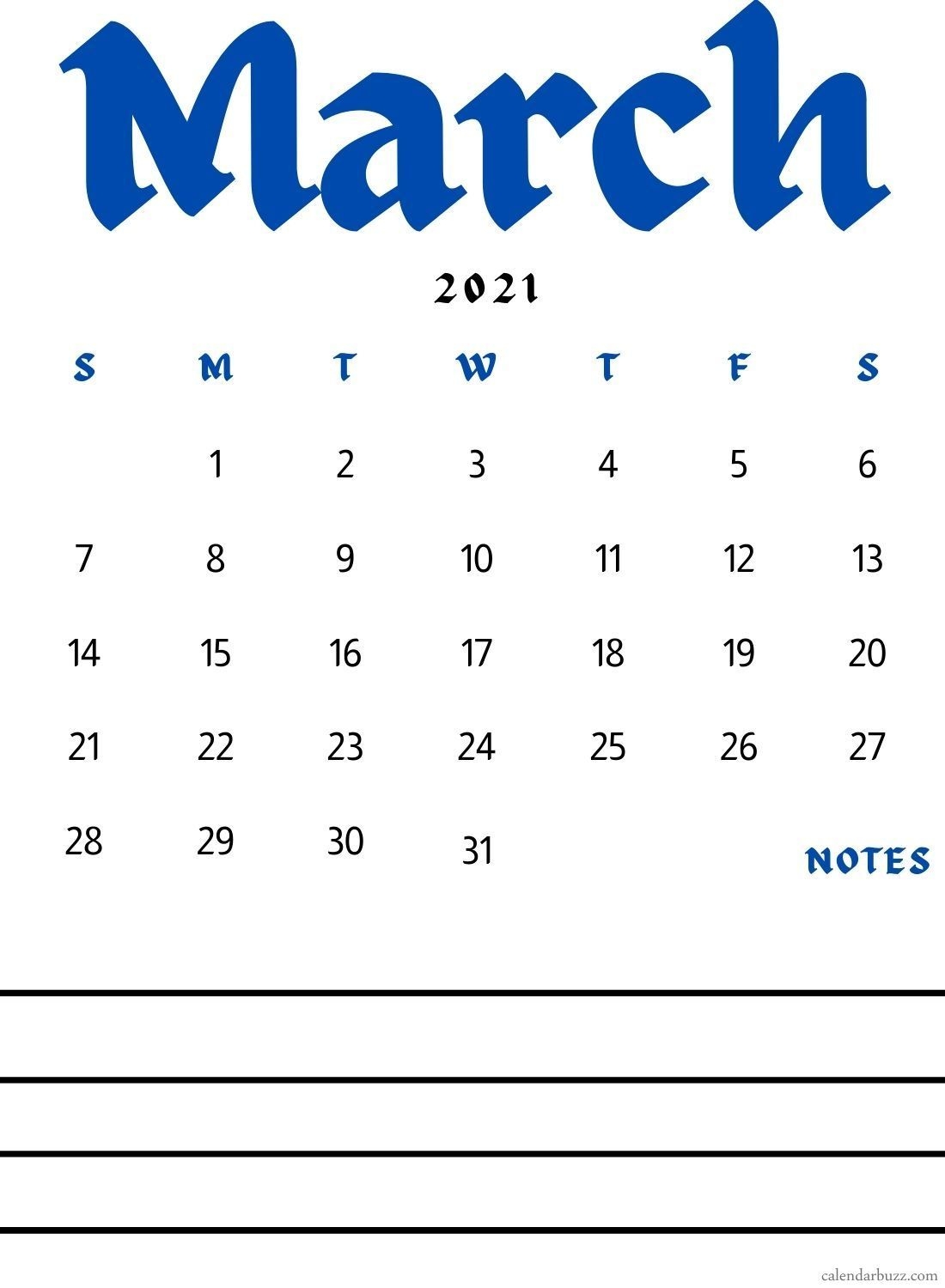 March 2021 Calendar With Space For Notes Free Download