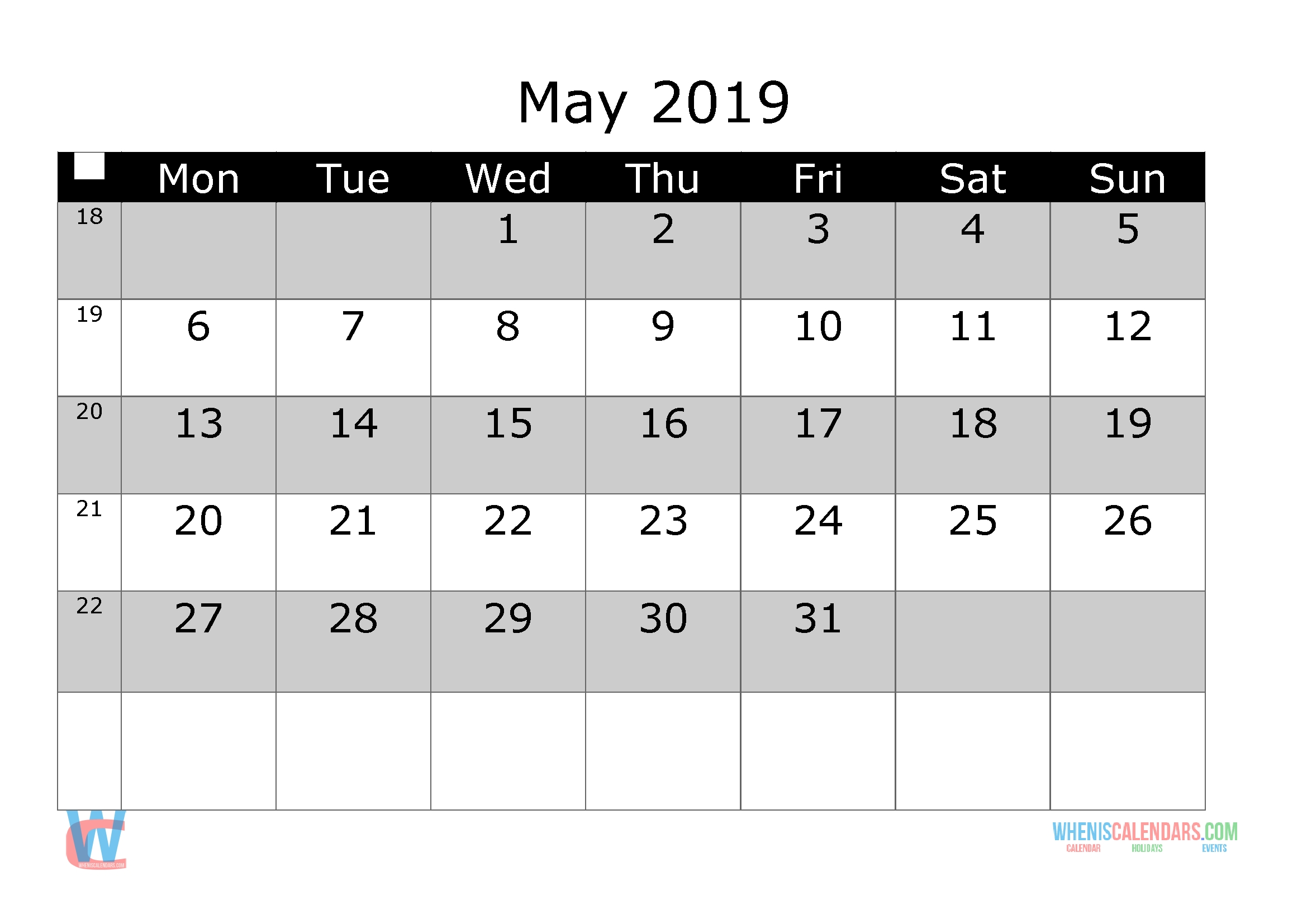 may 2019 printable calendar with week numbers monday