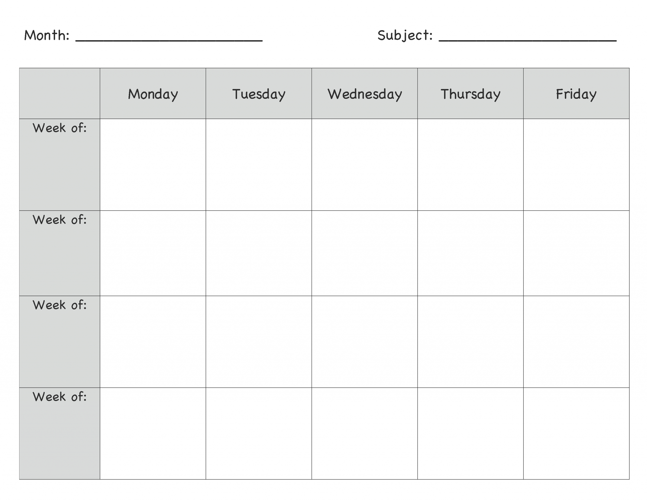 monday through friday planning template | calendar