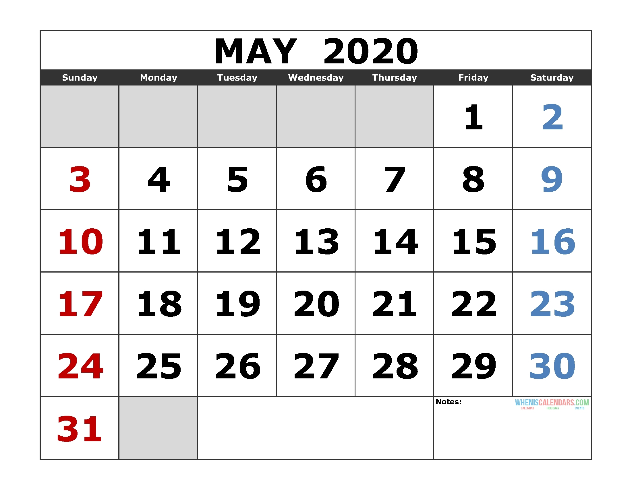 Monday To Sunday May 2020 Template | Calendar Template