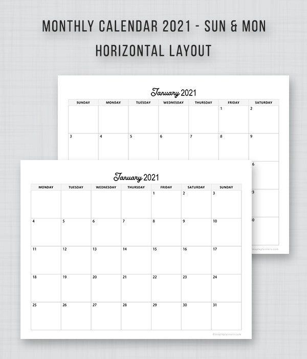 monthly calendar 2021 horizontal layout download free