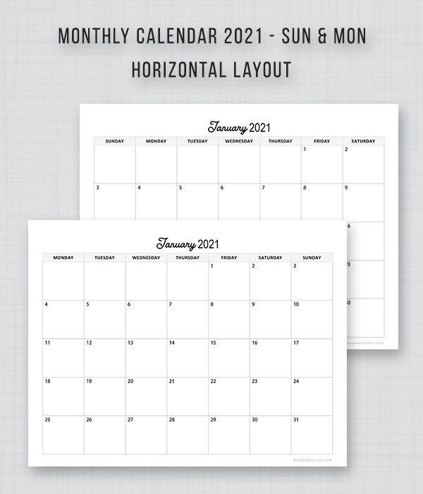 Monthly Calendar 2021 Horizontal Layout Download Free